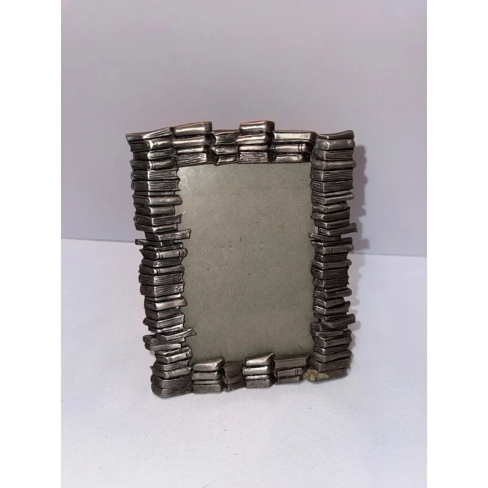 Vintage Stacked Books Picture Frame Pewter Tone Metal Academic Library Decor 3x4